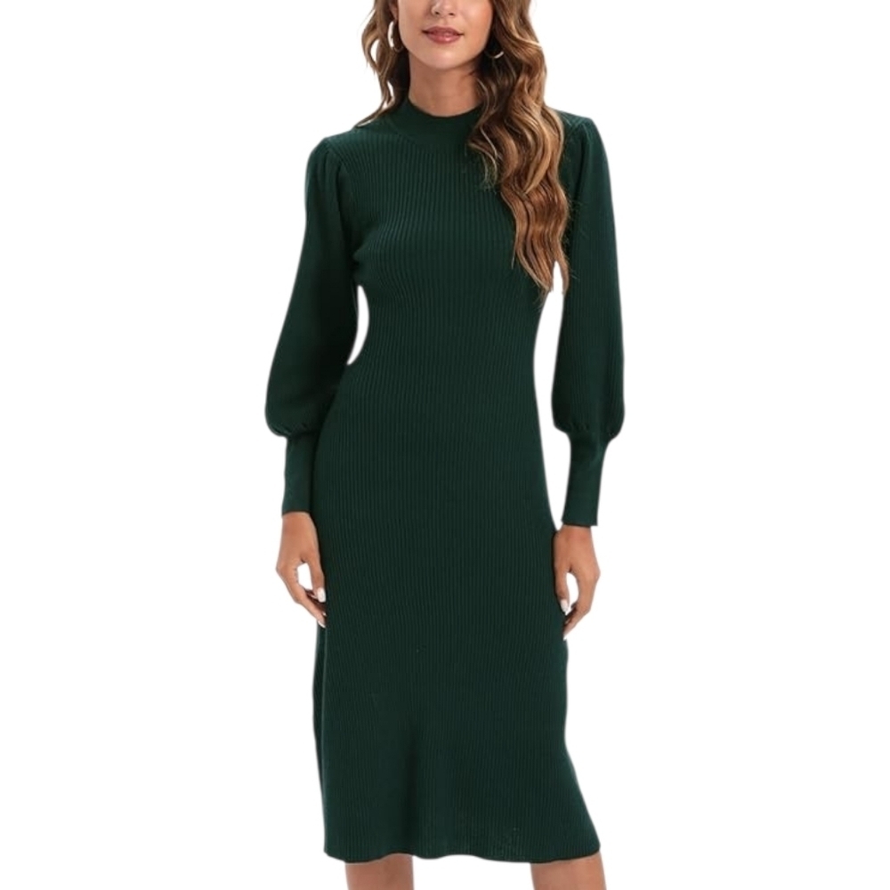 Women's Dark Green Crew Neck Puff Long Sleeve Midi Length Dress (Size Large)
